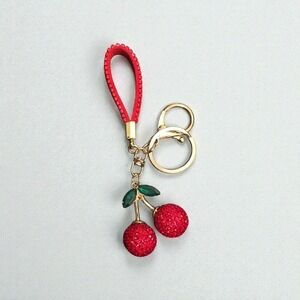 Sparkling Cherry Keychain Rhinestone Red Pouch Bag Charm Gold‎ Tone
